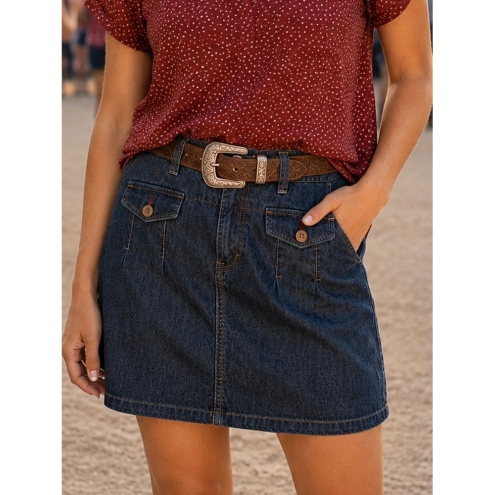 Bass Womens Denim Mini Skirt Dark Wash 10 Pleated A-Line Cotton Casual Western